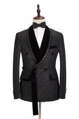 Classic Velvet Lapel Double Breasted Prom Suit Belt Leopard Black Jacquard Men's Suit for Wedding-stylesnuggle