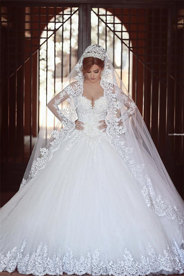 Classic White Lace Ball Gown Wedding Dress Popular Sweep Train Long Sleeves Bridal Gown-stylesnuggle