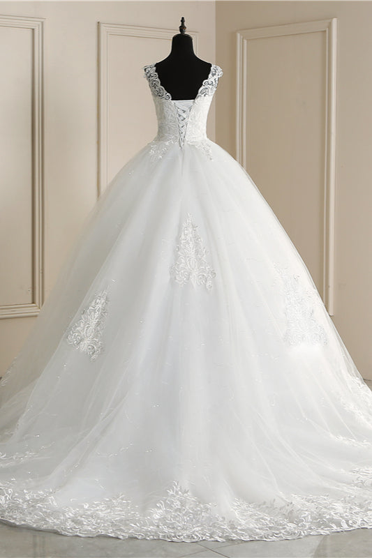 stylesnuggle offers Classic White V-neck Sleeveless Ball Gown Lace Wedding Dress online at an affordable price from Tulle to A-line Floor-length skirts. Shop for Amazing Sleeveless wedding collections for your big day.