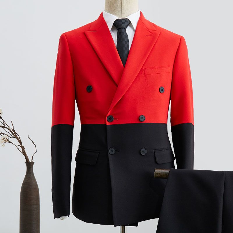 Classy Black And Red Peaked Lapel Double Breasted Prom Suit-stylesnuggle