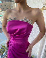 Classy Fuchsia Strapless Crystal Prom Dresses Long Slit Online-stylesnuggle