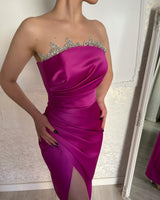 Classy Fuchsia Strapless Crystal Prom Dresses Long Slit Online-stylesnuggle