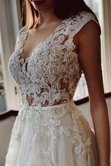 Classy Ivory A-Line Floor Length V-Neck Garden Lace Wedding Dresses-stylesnuggle