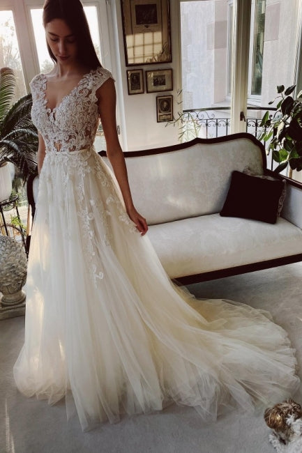 Classy Ivory A-Line Floor Length V-Neck Garden Lace Wedding Dresses-stylesnuggle