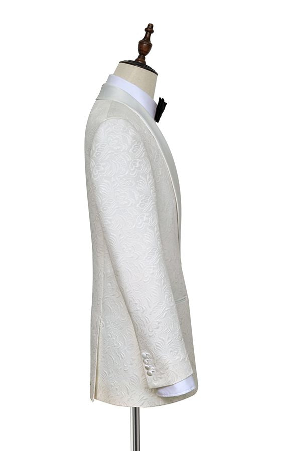 Classy Jacquard White Tuxedos for Wedding Silk Shawl Lapel One Button Wedding Suit for Men-stylesnuggle