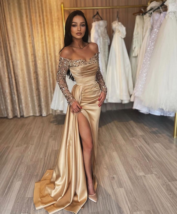 Classy Long Champagne Off-the-Shoulder Sequins Split Prom Dresses With Long Sleeves-stylesnuggle