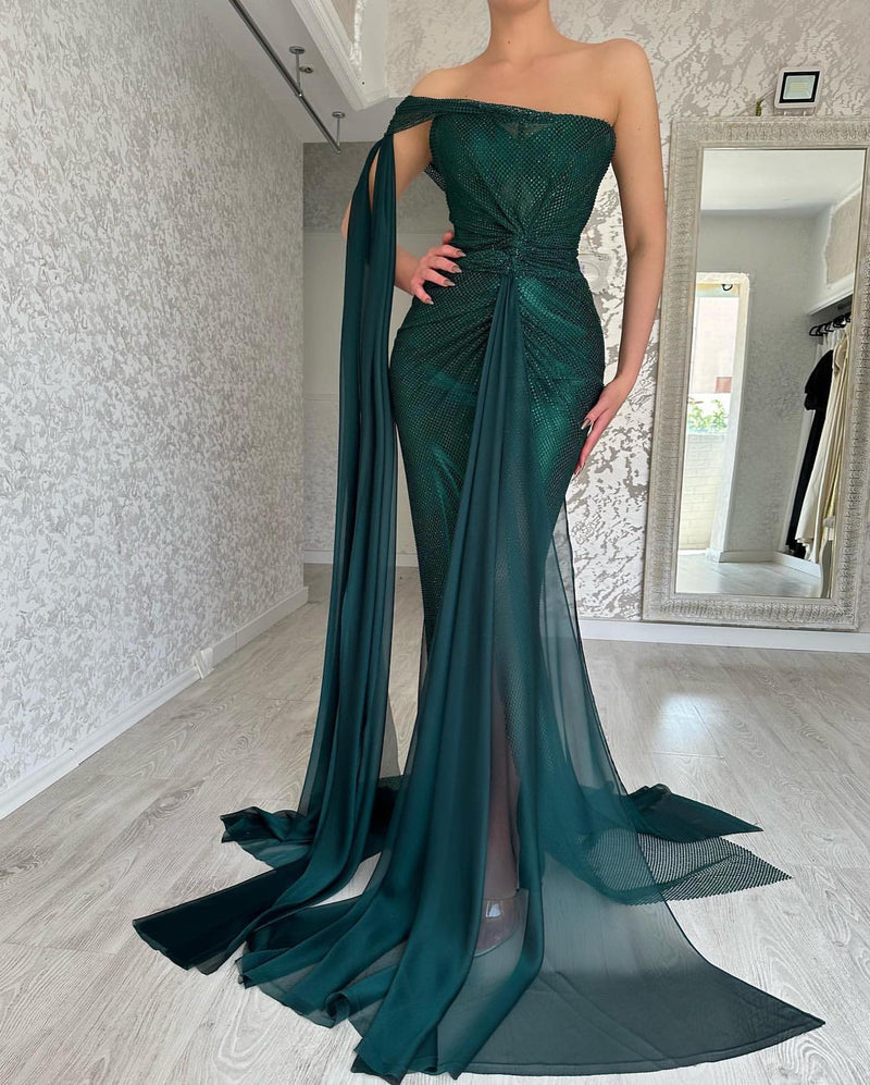 Classy Long Dark Green Mermaid Sleeveless Prom Dresses Long Slit Online-stylesnuggle