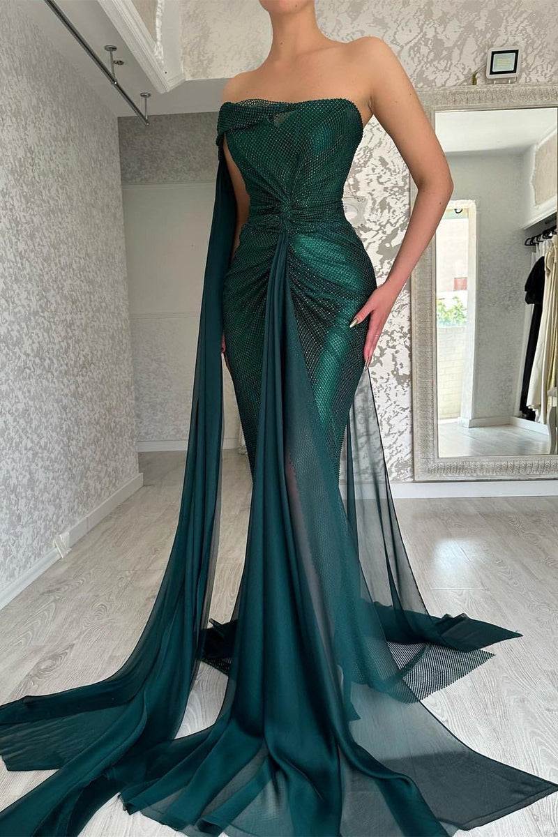 Classy Long Dark Green Mermaid Sleeveless Prom Dresses Long Slit Online-stylesnuggle