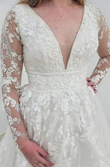 Classy Long Sleeves V-Neck Garden Lace A-Line Wedding Dresses-stylesnuggle