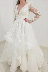 Classy Long Sleeves V-Neck Garden Lace A-Line Wedding Dresses-stylesnuggle