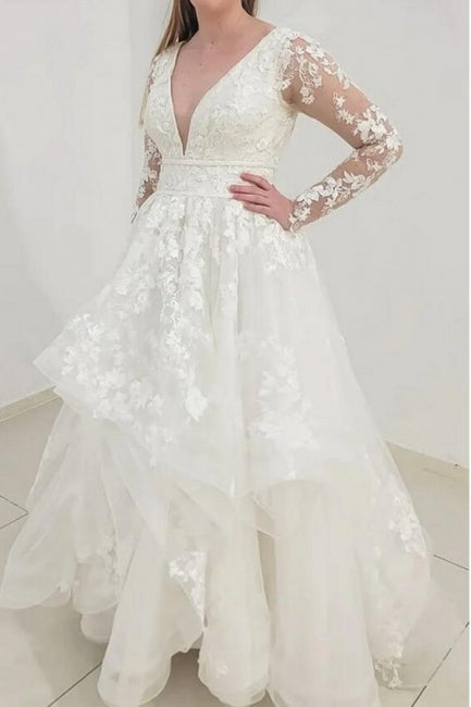 Classy Long Sleeves V-Neck Garden Lace A-Line Wedding Dresses-stylesnuggle