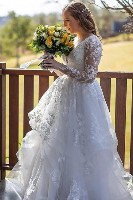 Classy Long Sleeves V-Neck Garden Lace A-Line Wedding Dresses-stylesnuggle