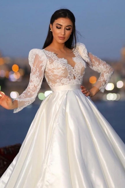 Classy Long Sleeves V-neck Satin Wedding Dresses with Lace-stylesnuggle