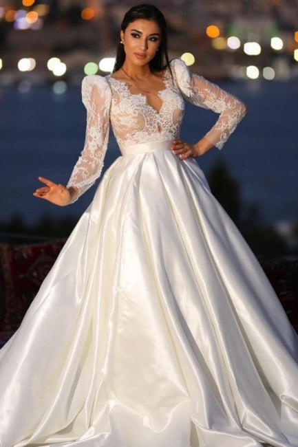 Classy Long Sleeves V-neck Satin Wedding Dresses with Lace-stylesnuggle