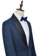 Classy Navy Blue Mens Suits for Weddings Jacquard Black Silk Shawl Lapel Prom Suits-stylesnuggle