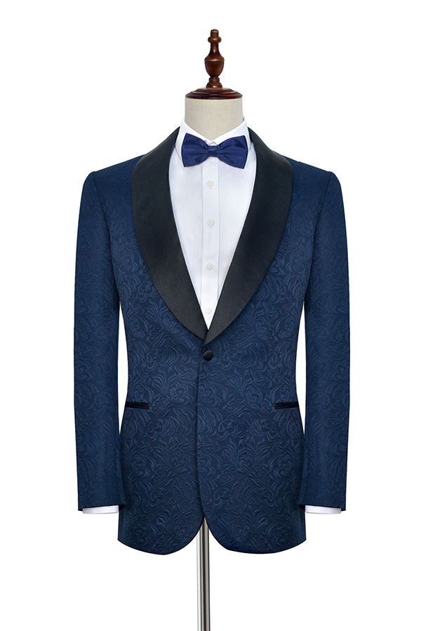 Classy Navy Blue Mens Suits for Weddings Jacquard Black Silk Shawl Lapel Prom Suits