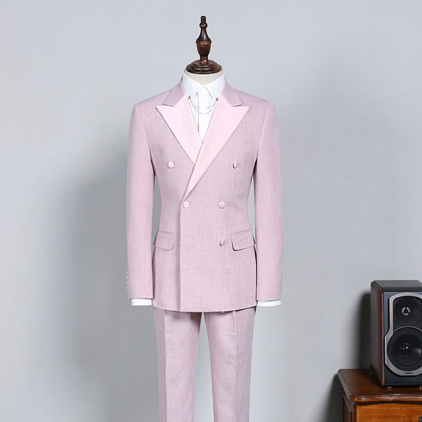 Classy Pink Peaked Lapel Double Breasted Custom Prom Suit-stylesnuggle