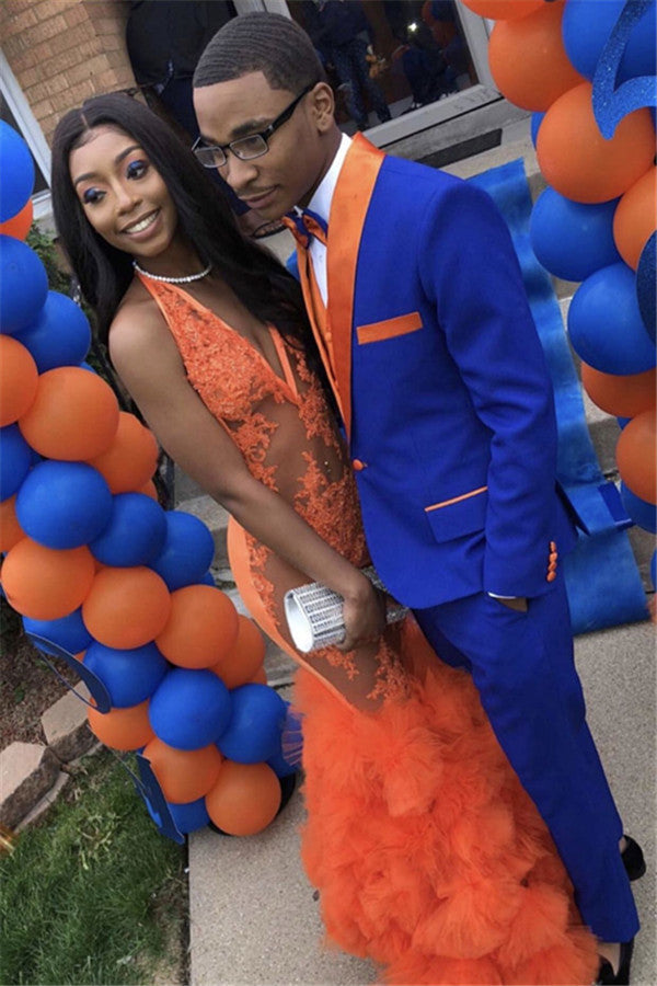 Classy Royal Blue Prom Suit Online Slim Fit Men Suit with Orange Lapel