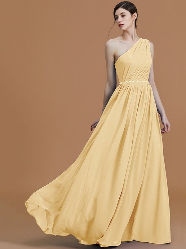 A-Line Charming One Shoulder Sleeveless Beading Chiffon Bridesmaid Dresses