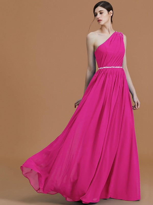 A-Line Charming One Shoulder Sleeveless Beading Chiffon Bridesmaid Dresses