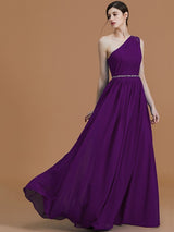 A-Line Charming One Shoulder Sleeveless Beading Chiffon Bridesmaid Dresses