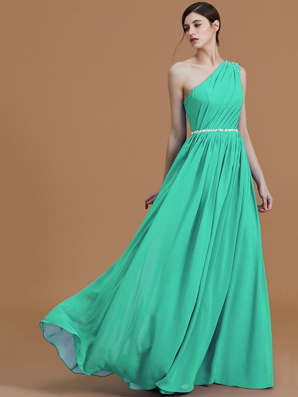 A-Line Charming One Shoulder Sleeveless Beading Chiffon Bridesmaid Dresses