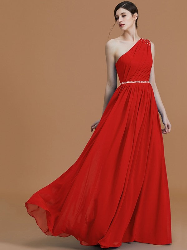 A-Line Charming One Shoulder Sleeveless Beading Chiffon Bridesmaid Dresses