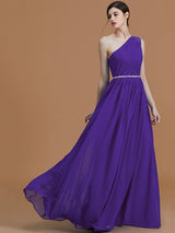 A-Line Charming One Shoulder Sleeveless Beading Chiffon Bridesmaid Dresses