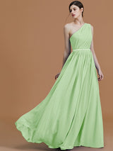 A-Line Charming One Shoulder Sleeveless Beading Chiffon Bridesmaid Dresses