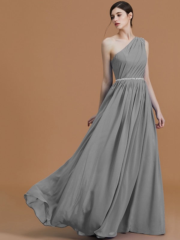 A-Line Charming One Shoulder Sleeveless Beading Chiffon Bridesmaid Dresses