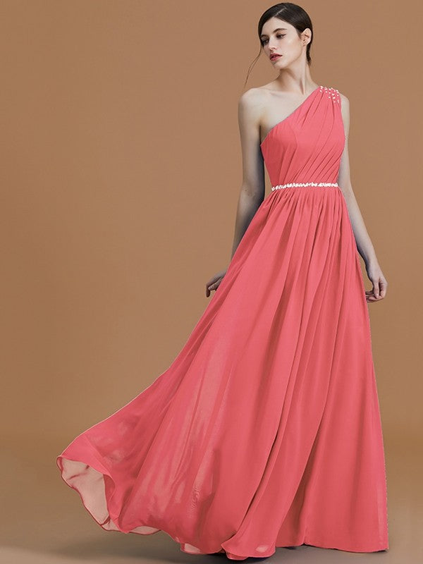 A-Line Charming One Shoulder Sleeveless Beading Chiffon Bridesmaid Dresses