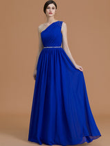 A-Line Charming One Shoulder Sleeveless Beading Chiffon Bridesmaid Dresses