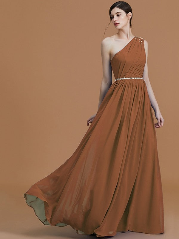 A-Line Charming One Shoulder Sleeveless Beading Chiffon Bridesmaid Dresses