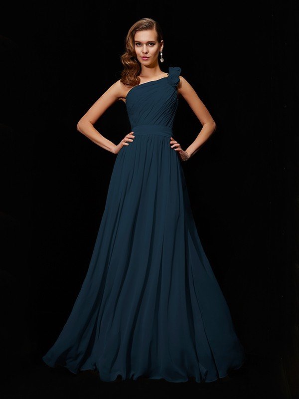 A-Line Charming One Shoulder Sleeveless Hand-Made Flower Long Chiffon Bridesmaid Dresses