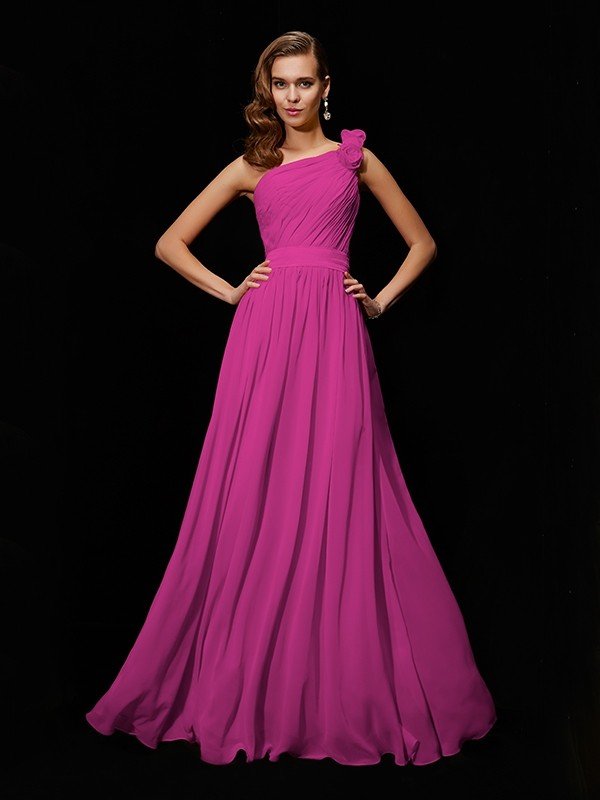 A-Line Charming One Shoulder Sleeveless Hand-Made Flower Long Chiffon Bridesmaid Dresses