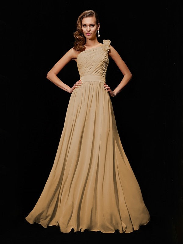 A-Line Charming One Shoulder Sleeveless Hand-Made Flower Long Chiffon Bridesmaid Dresses