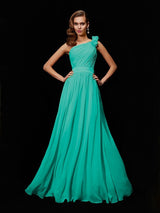 A-Line Charming One Shoulder Sleeveless Hand-Made Flower Long Chiffon Bridesmaid Dresses