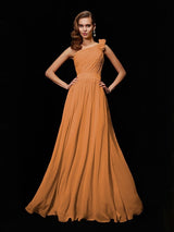 A-Line Charming One Shoulder Sleeveless Hand-Made Flower Long Chiffon Bridesmaid Dresses