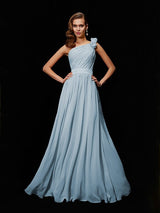 A-Line Charming One Shoulder Sleeveless Hand-Made Flower Long Chiffon Bridesmaid Dresses