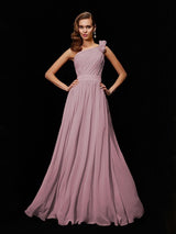 A-Line Charming One Shoulder Sleeveless Hand-Made Flower Long Chiffon Bridesmaid Dresses