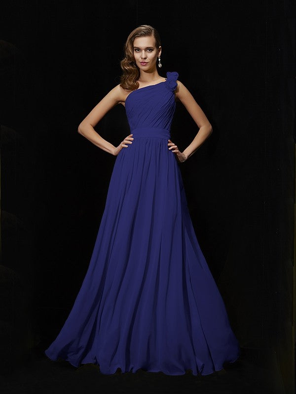 A-Line Charming One Shoulder Sleeveless Hand-Made Flower Long Chiffon Bridesmaid Dresses