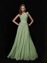 A-Line Charming One Shoulder Sleeveless Hand-Made Flower Long Chiffon Bridesmaid Dresses