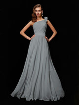 A-Line Charming One Shoulder Sleeveless Hand-Made Flower Long Chiffon Bridesmaid Dresses