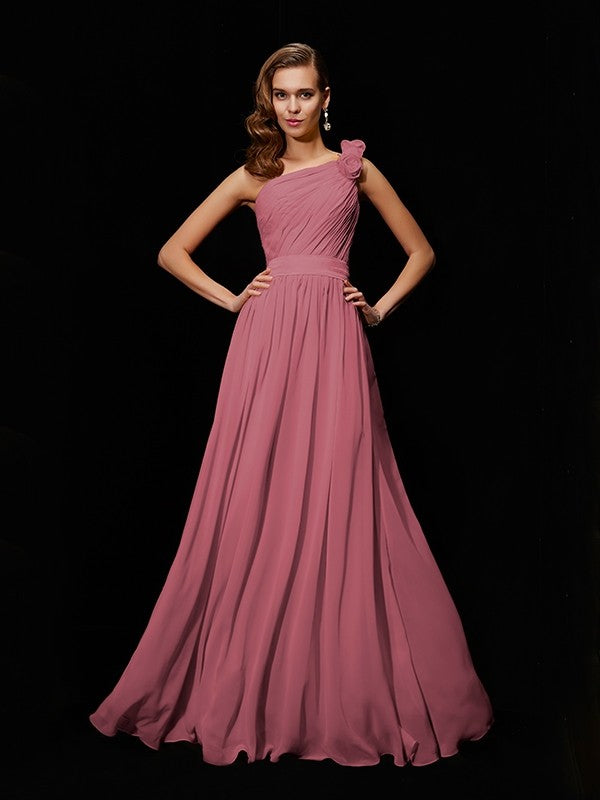 A-Line Charming One Shoulder Sleeveless Hand-Made Flower Long Chiffon Bridesmaid Dresses