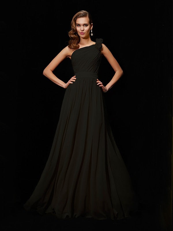 A-Line Charming One Shoulder Sleeveless Hand-Made Flower Long Chiffon Bridesmaid Dresses