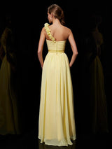 A-Line Charming One Shoulder Sleeveless Hand-Made Flower Long Chiffon Bridesmaid Dresses