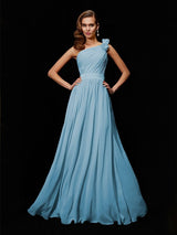 A-Line Charming One Shoulder Sleeveless Hand-Made Flower Long Chiffon Bridesmaid Dresses