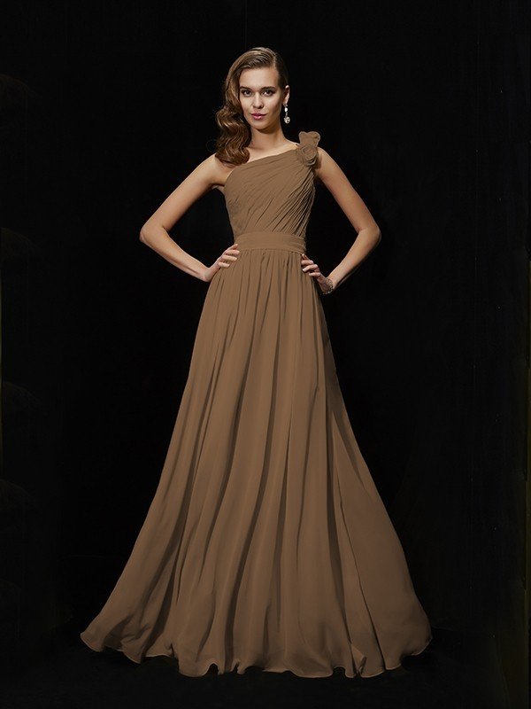 A-Line Charming One Shoulder Sleeveless Hand-Made Flower Long Chiffon Bridesmaid Dresses