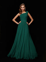 A-Line Charming One Shoulder Sleeveless Hand-Made Flower Long Chiffon Bridesmaid Dresses