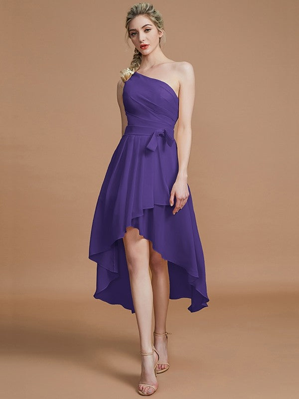 A-Line Charming One Shoulder Sleeveless Layers Asymmetrical Chiffon Bridesmaid Dresses